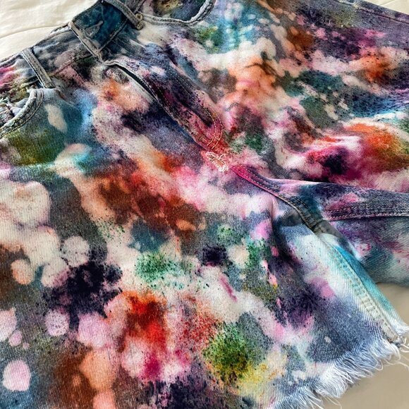 Custom Bleach Splash Denim Shorts Free Speech High-Waisted Boho Festival Style - Picture 10 of 11